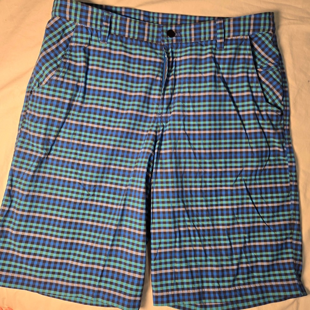 Lululemon Mens Commission Shorts (Tag Size 36) measure 35 Blue Teal Plaid‎ Golf